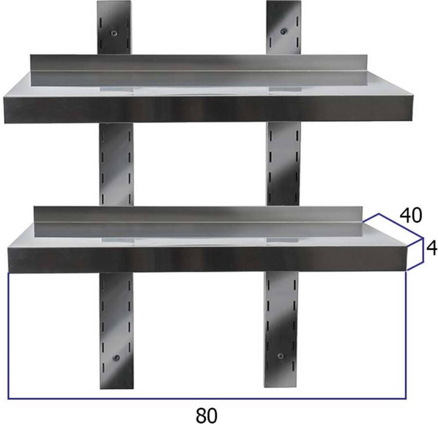 HCB Professionele Wandschap van metaal Dubbel wandschap RVS INOX Muurplank wandplank Horeca 40x80x4 cm (DxBxH) 15 kg 8800