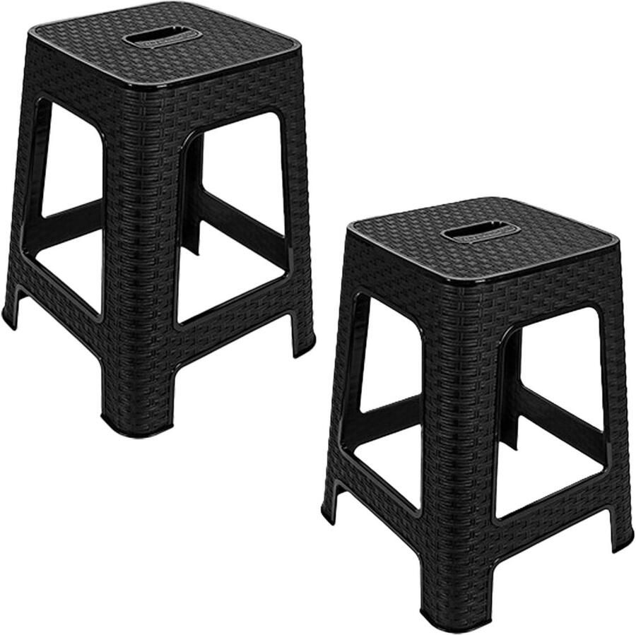 Hega hogar Zit krukjes 2x antraciet rotan kunststof 37 x 37 x 45 cm extra zitplaatsen stapelbaar