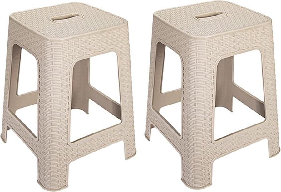 Hega hogar Zit krukjes 2x beige rotan kunststof 37 x 37 x 45 cm extra zitplaatsen stapelbaar