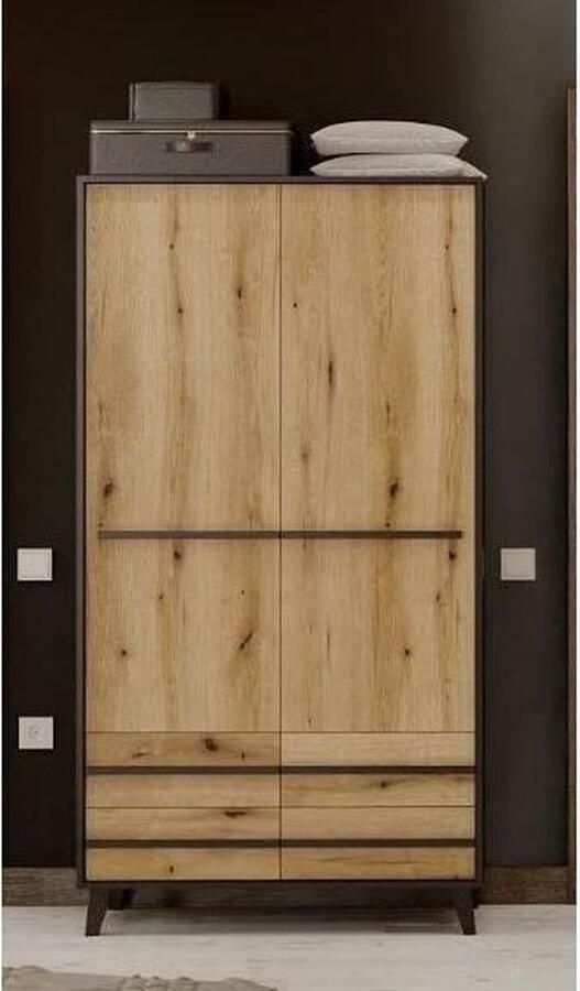 Merkloos HEKA kast 2 deuren + 4 lades Zwart en eiken decor L100 x D50 x H180 cm Made in Spain