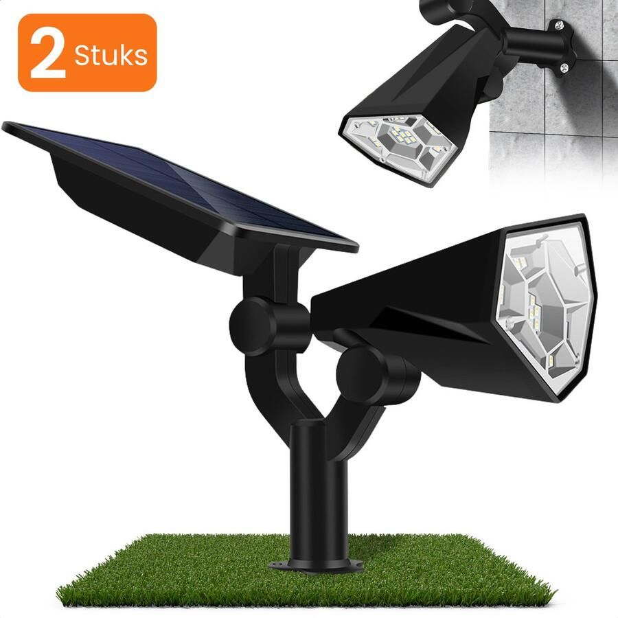 Solgaro HEKO Solar Tuinverlichting Spotta 2 Stuks Solar Tuinverlichting Op Zonneenergie Wandlamp Buiten Tuinlamp Tuinspot 26 LEDlamp Dag nacht sensor Schijnwerper Met Grondspies Warm en Koel Wit Licht