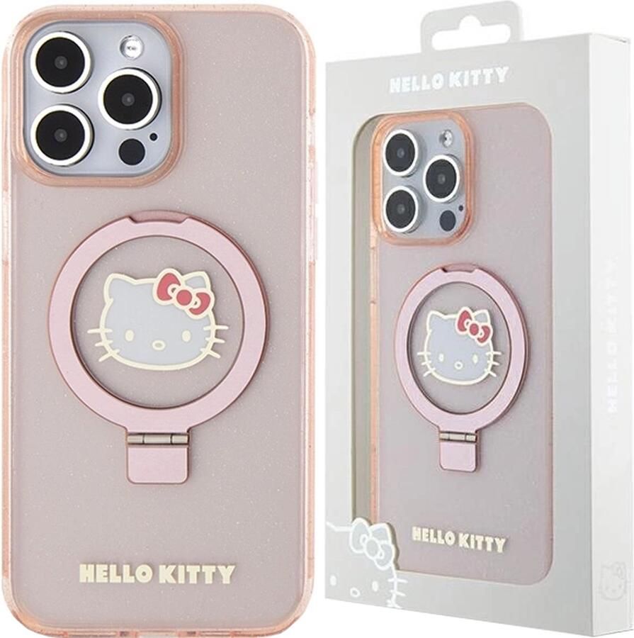 Hello Kitty Ringstandaard Glitter Electrop Logo MagSafe Hoesje voor iPhone 15 Pro Max Roze