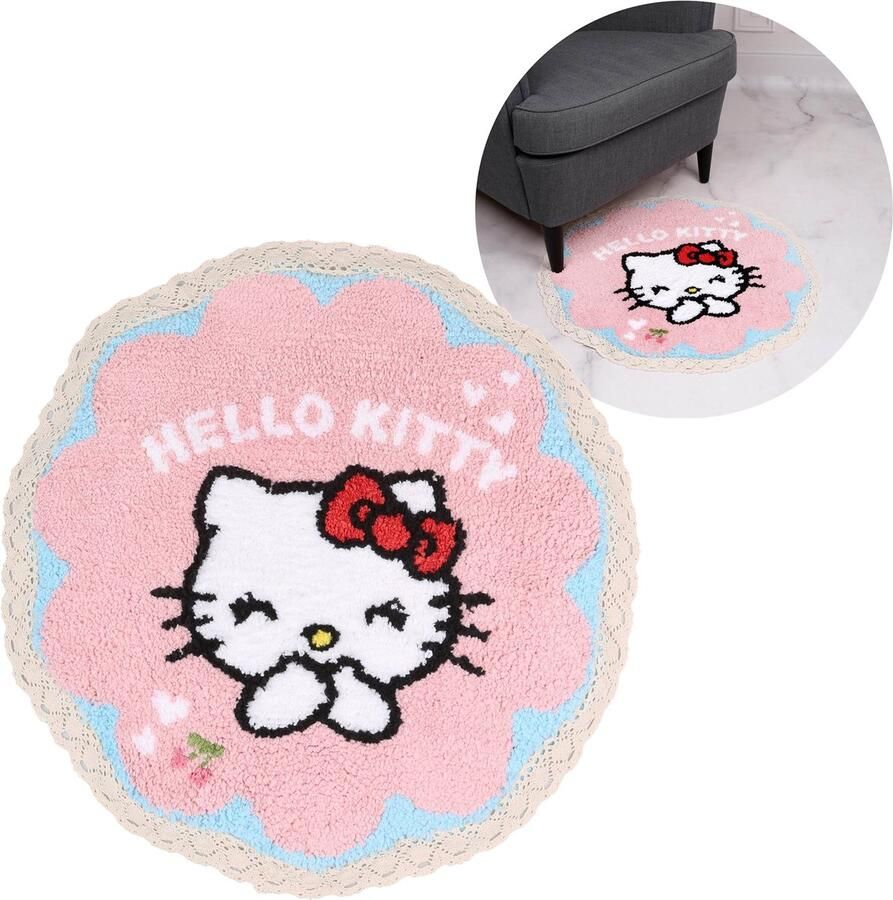 Hello Kitty Ronde deken roze antislip met kant 60x60cm