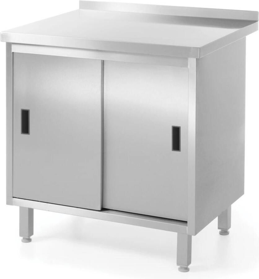 Hendi Wandwerktafel met kast gelast roestvast staal 800x600x850 mm verstelbare voeten schuifdeuren