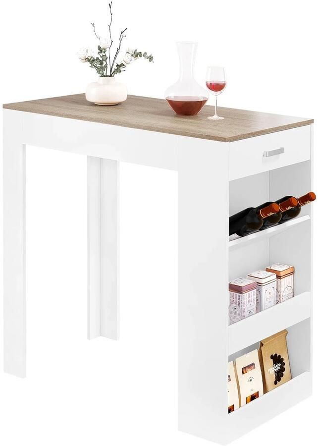 Hennova Bartafel Eettafel Hoge tafel Keukentafel Meubels Met opbergvak Met lade Wit light oak 100 x 100 x 50 cm