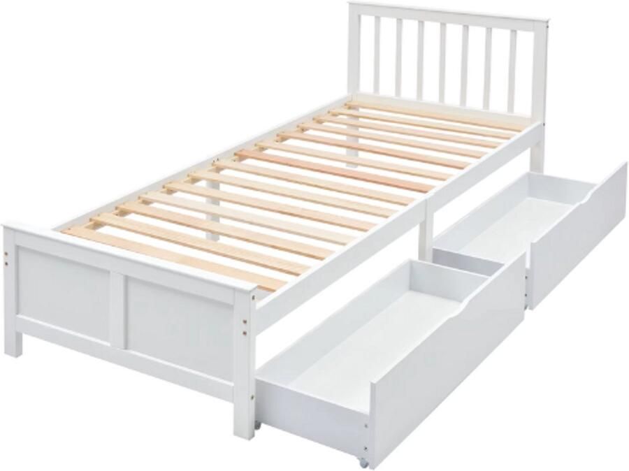 Hennova Bed Eenpersoonsbed 90x200 Ledikant Eenpersoonsbed Met lades Opbergruimte Hout Wit 90 x 200 cm