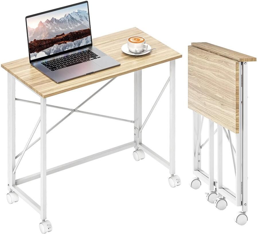 Hennova Bureau Inklapbare tafel Vouwtafel Draagvermogen 30kg Met wielen Inklapbaar Eenvoudig op te bergen Eiken Wit 80 x 40 x 75 cm