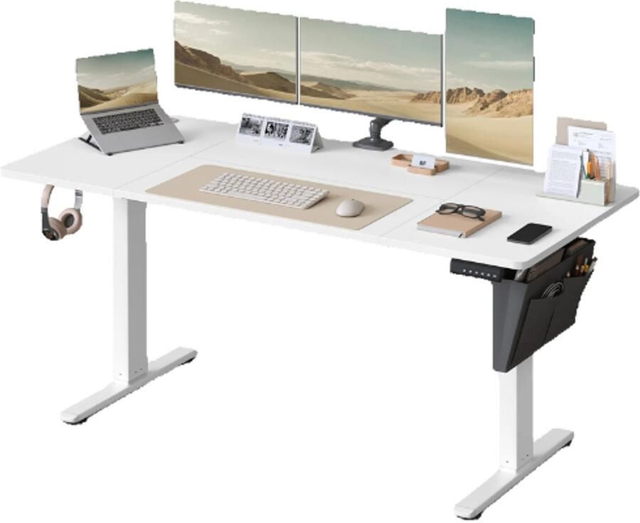 Hennova Bureau Zit sta bureau Elektrisch bureau In hoogte verstelbaar 4 Hoogtes Incl. stoffen organizer Draagvermogen 70 kg Wit 70 x 160 cm