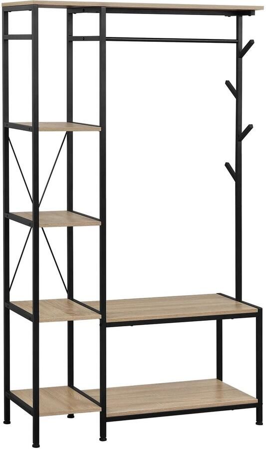 Hennova Kapstok staand Opbergkast Vrijstaande kapstok 3 in 1 ontwerp 4 Haken 1 Kledingrail Zwart light oak 100 x 175 x 40 cm