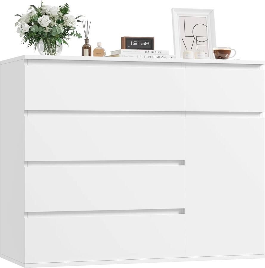 Hennova Ladekast Ladenkast Dressoir Commode Opbergkast 5 Laden 1 Deur Multifunctioneel Wit 100 x 80 x 40 cm