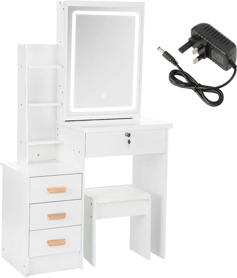 Hennova Make up tafel Makeup tafel Kaptafel Met spiegel Instelbare LED verlichting Met kruk Met lades Open planken Wit 80 x 36 x 130 cm