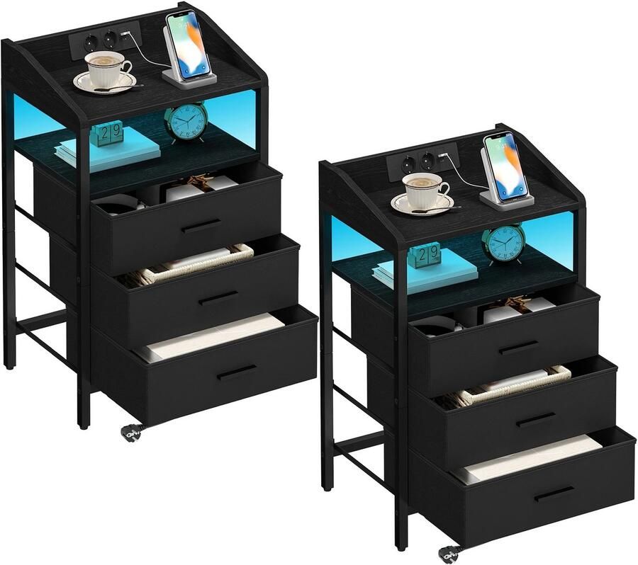 Hennova Nachtkastje Nachtkastjes set van 2 Bijzettafel Modern design 3 Stoffen lades LED verlichting USB poort Stopcontact Zwart 30 x 40 x 66 cm (D x B x H)