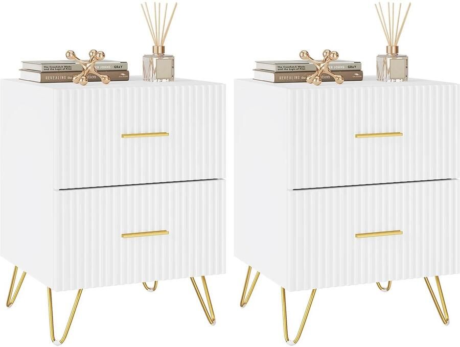 Hennova Nachtkastjes Bijzettafel Set van 2 Luxe design 2 Lades Antislip pootjes Wit 30 Kg draagkracht 40 x 53 x 35 cm