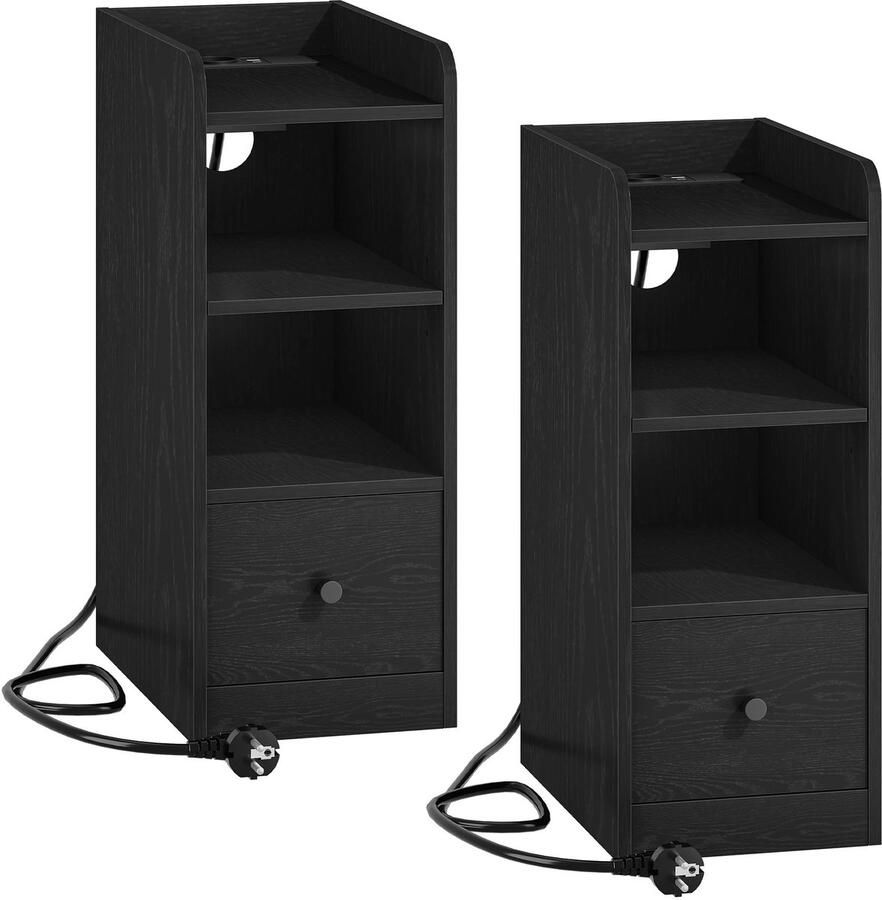 Hennova Nachtkastjes set van 2 Bijzettafel Met stekkerdoos USB en type C poort Met lade Zwart 38 x 24 x 60 cm
