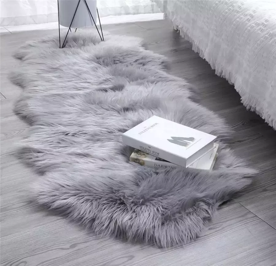 HEQUN Antislip lamsvel tapijt kunstbont schapenvacht imitatie woonkamer tapijten pluizig gezellige schapenvacht bed tapijt sofa mat (60 x 160 cm grijs)