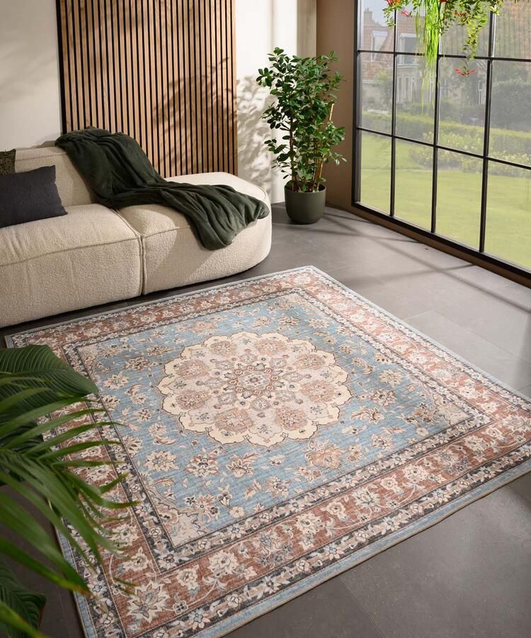 Heritaged Buitenkleed vierkant Vintage Valenca Nova lichtblauw beige 115x115 cm