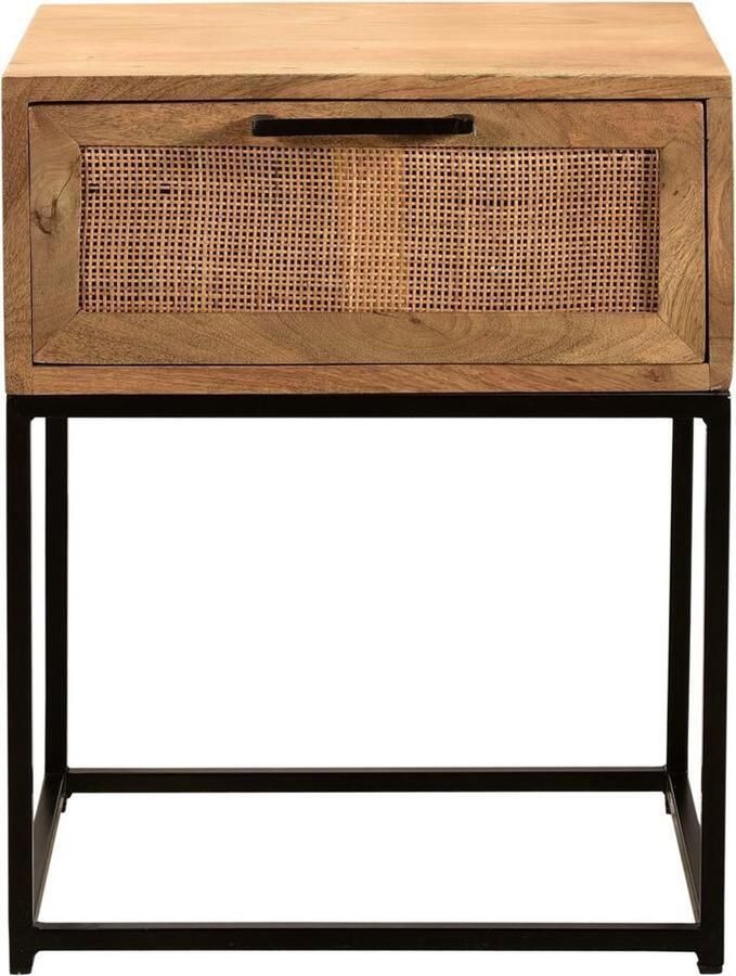 Hermoso Living CANE Bijzettafel lade kast Naturel mangohout met rotan frond en zwart stalen frame - Foto 8