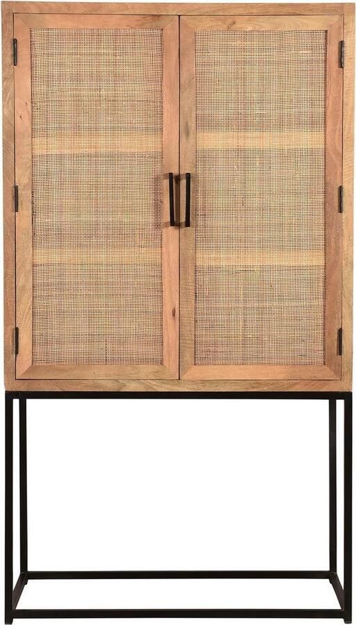 Hermoso Living CANE Highboard Buffet kast Naturel mangohout rotan front zwart stalen frame 2 deuren 2 legplanken - Foto 6