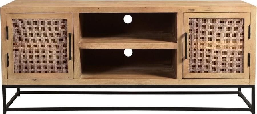 Hermoso Living CANE Lowboard TV meubel Naturel mango hout rotan frond met zwart stalen frame 2 deuren en legplank - Foto 3