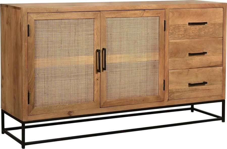Hermoso Living CANE Sideboard Buffetkast- Dressior naturel mango hout met rotan front en zwart stalen frame 2 deuren en 3 lades - Foto 3