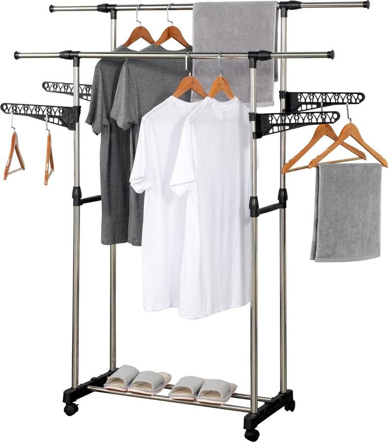 Herzberg Verstelbaar kledingrek op wieltjes met dubbele stang en ophangvleugel
