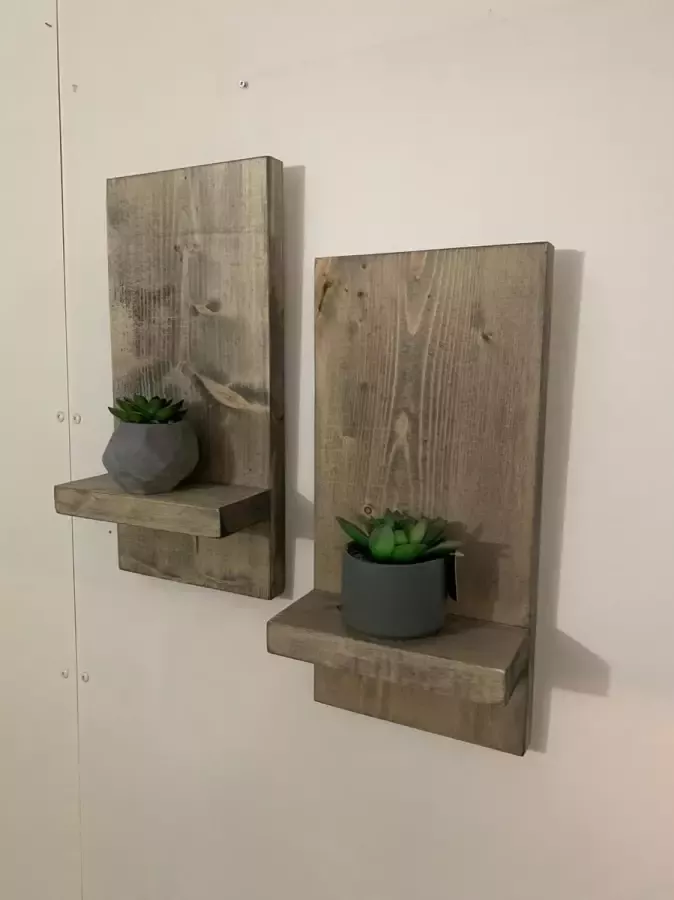 Het Steigerhouthuis Steigerhout wandplank set 2 stuks greywash + ophanghaakjes