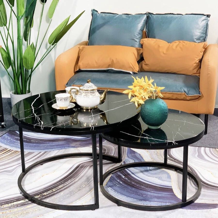 HeyHeaven Ronde Salontafel Marmer Print 2 Stuks – Bijzettafel Zwart – Salontafels Rond Ø70 Ø50 – Marmerlook