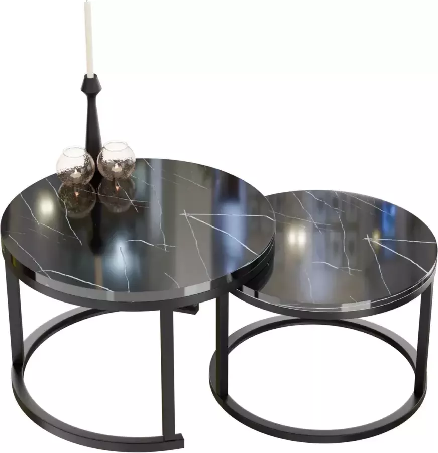 HeyHeaven Ronde Salontafel Marmer Print 2 Stuks – Bijzettafel Zwart – Salontafels Rond Ø70 Ø50 – Marmerlook - Foto 4