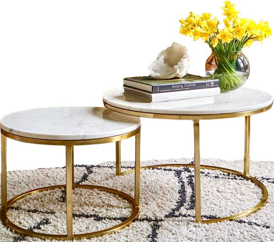 HeyHeaven Ronde Salontafels Echt Marmer – Bijzettafel Goud – Salontafel Rond Ø70 & Ø50cm
