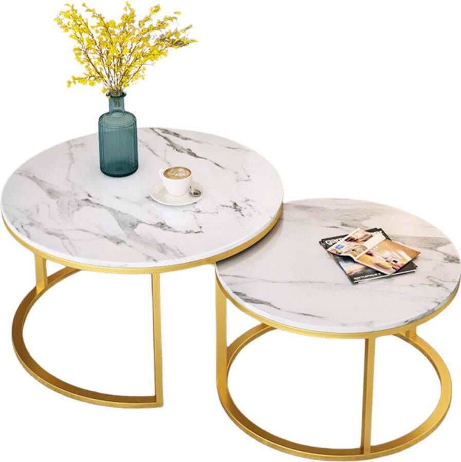 HeyHeaven Ronde Salontafels Echt Marmer met Mooi Patroon – Bijzettafel Goud – Salontafel Rond Ø70 & Ø50cm