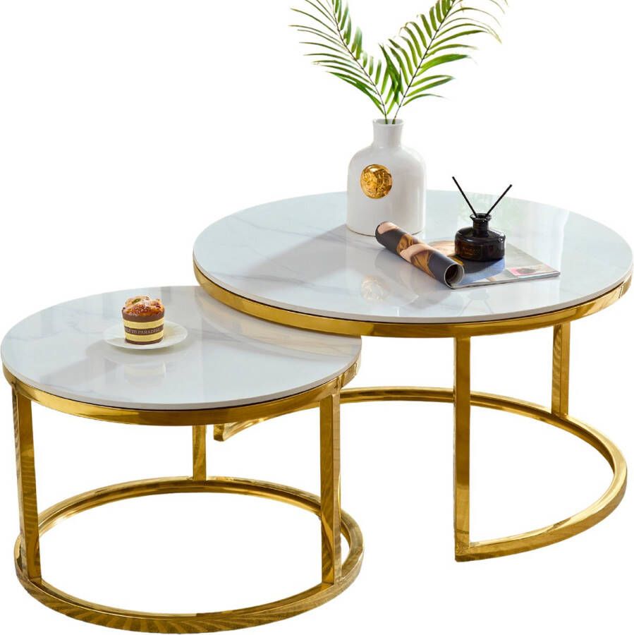 HeyHeaven Ronde Salontafels met Wit Steen Tafelblad – Glanzend Goud – Salontafel Rond met Marmer Print Ø70 & Ø50cm