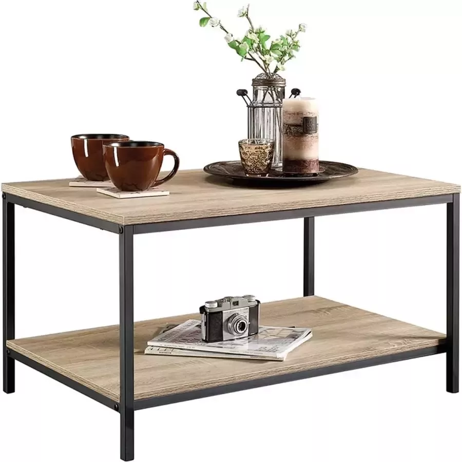 HeyHeaven Salontafel Industrieel Rechthoek Koffietafel Hout Tv Meubel Wit Eiken met Zwart 80x50 cm