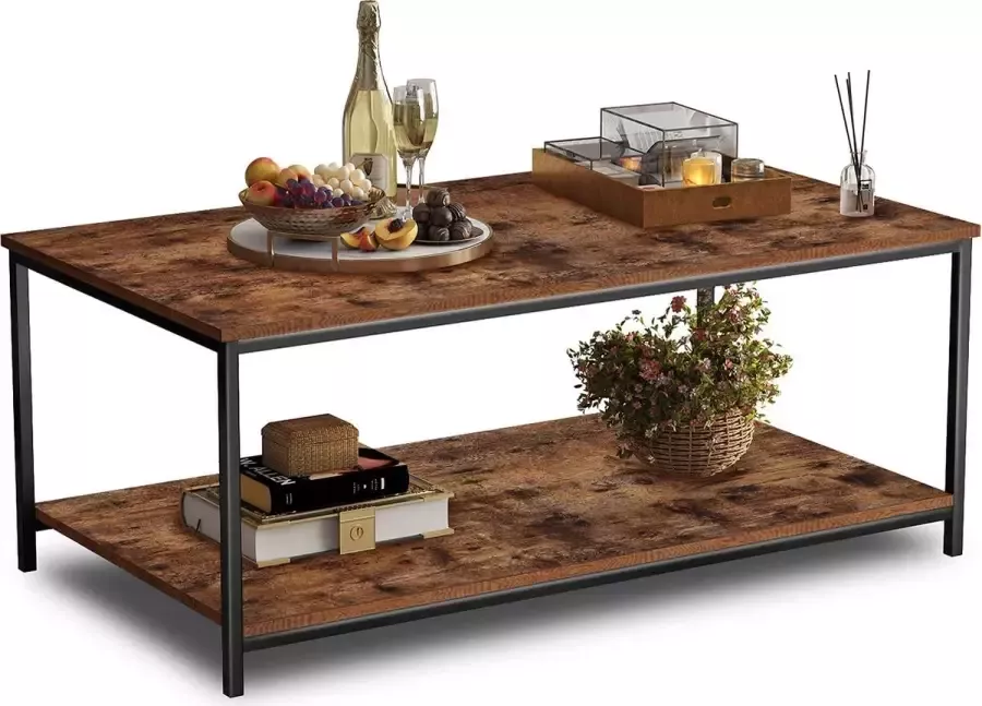 HeyHeaven Salontafel Industrieel Rechthoek met 2 Planken Koffietafel vierkant Vintage Bruin 100×50cm