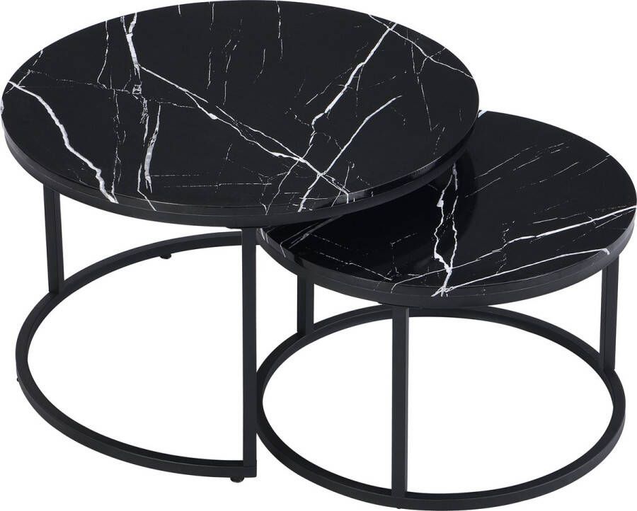 HeyHeaven Ronde Salontafel Marmer Print 2 Stuks – Bijzettafel Zwart – Salontafels Rond Ø70 Ø50 – Marmerlook - Foto 3