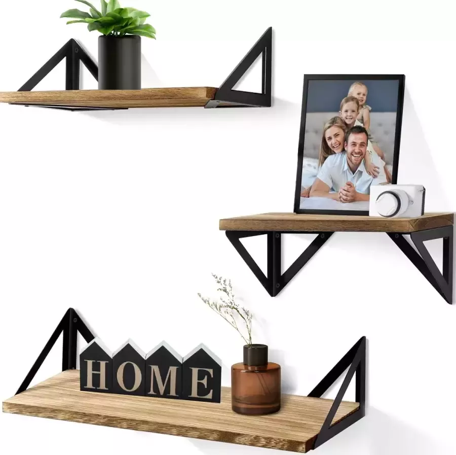 HeyHeaven Zwevende Wandplank Set 3 Stuks 28 36 43 cm Boekenplank industrieel Paulownia Hout Bruin