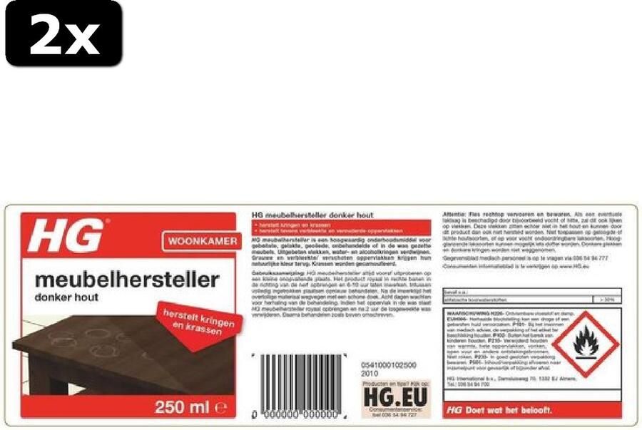 HG 2x meubelhersteller donker hout 250ml herstelt de natuurlijke kleur verwijdert vlekken kringen en krassen