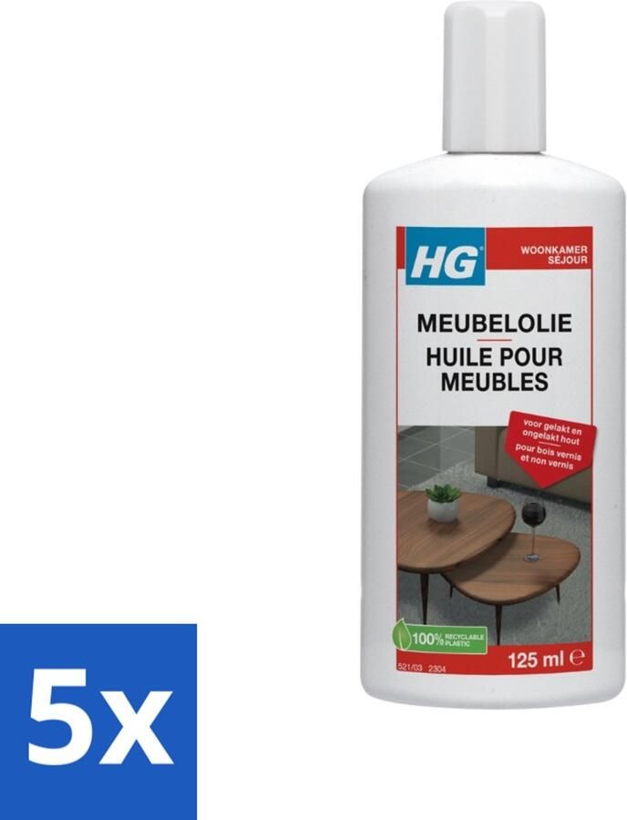 HG Meubelolie eiken Voor Gelakt & Ongelakt Hout Voedt Beschermt & Verfraait 125 ml Bulkverpakking 5 stuks