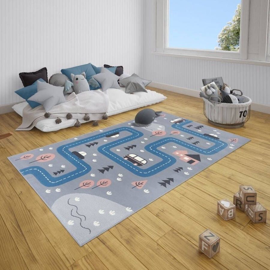 Flycarpets Kinderkamer Design kids vloerkleed Straat Design Grijs Blauw 80x150 cm
