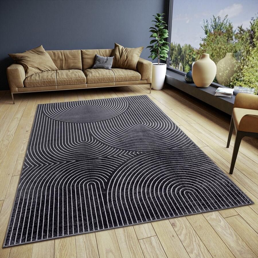 HH Flycarpets Japandi Vloerkleed Laagpolig Viscose Zwart 80x140 cm