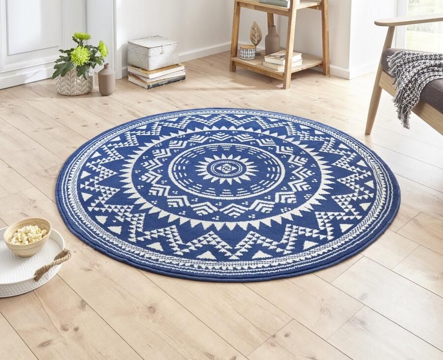 HH Flycarpets Rond Laagpolig Vloerkleed Valencia Blauw 140x140 cm
