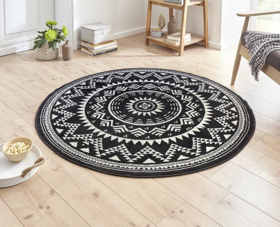 HH Flycarpets Rond Laagpolig Vloerkleed Valencia Zwart 140x140 cm