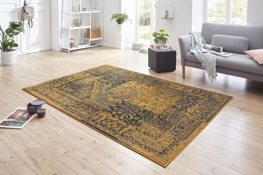 HH Flycarpets Vintage Laagpolig Vloerkleed Plume Goud Grijs 80x150 cm