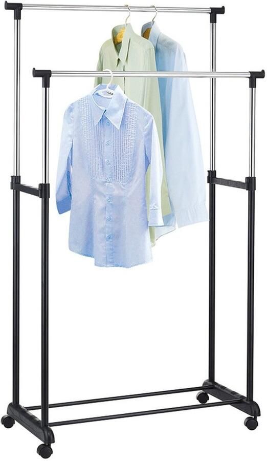 Hi Mobiel kledingrek dubbele stang zwart chroom verstelbaar 100 tot 170 cm met wielen