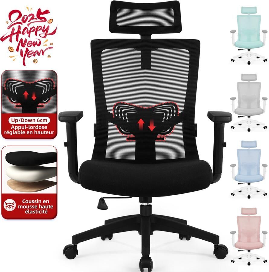 Hiaonyx bureaustoel-ergonomische bureaustoel-bureaustoelen voor volwassenen-hoogte verstelbare armleuningen-3D lendensteun-Maximale kanteling 135°-Zwart