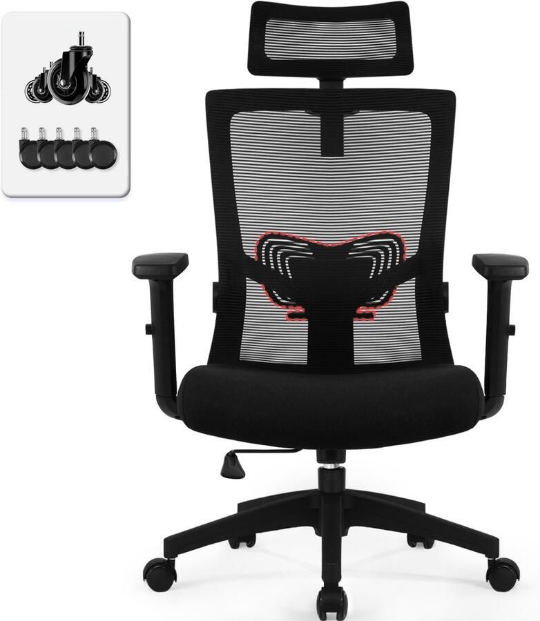 Hiaonyx bureaustoel-ergonomische bureaustoel-bureaustoelen voor volwassenen-hoogte verstelbare armleuningen-2D lendensteun-Maximale kanteling 135°-Inclusief geluidloze wielen