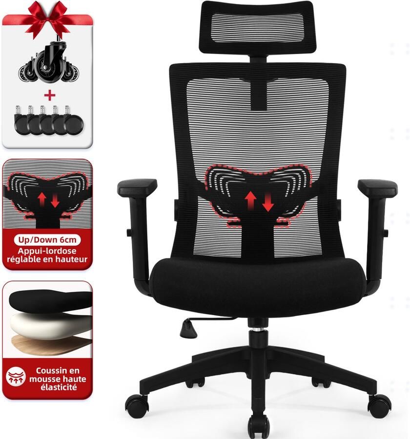 Hiaonyx bureaustoel-ergonomische bureaustoel-bureaustoelen voor volwassenen-hoogte verstelbare armleuningen-2D lendensteun-Maximale kanteling 135°-Inclusief geluidloze wielen - Foto 2