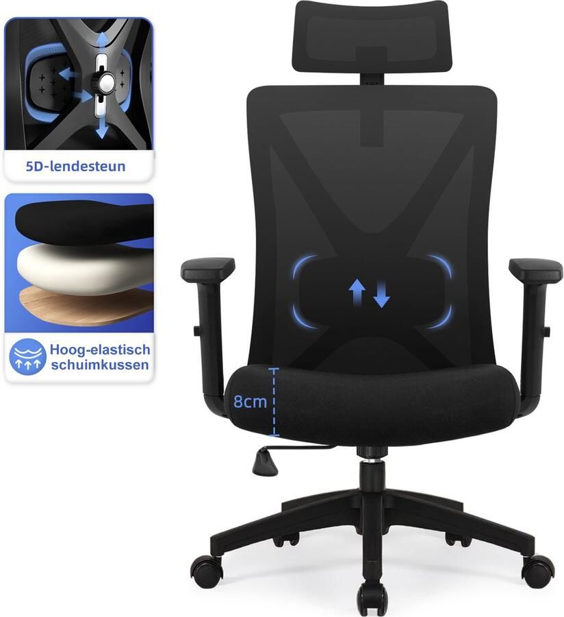 Hiaonyx bureaustoel-ergonomische bureaustoel-bureaustoelen voor volwassenen-hoogte verstelbare armleuningen-3D lendensteun-Maximale kanteling 135°-Zwart - Foto 3