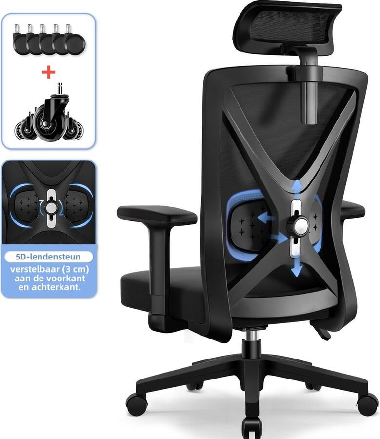 Hiaonyx Bureaustoel-Ergonomische Bureaustoel-Bureaustoelen voor Volwassenen--Met bureaustoel stille wielen-verstelbare armleuningen in hoogte-Rugleuning kantelt 135°-150kg-Zwart