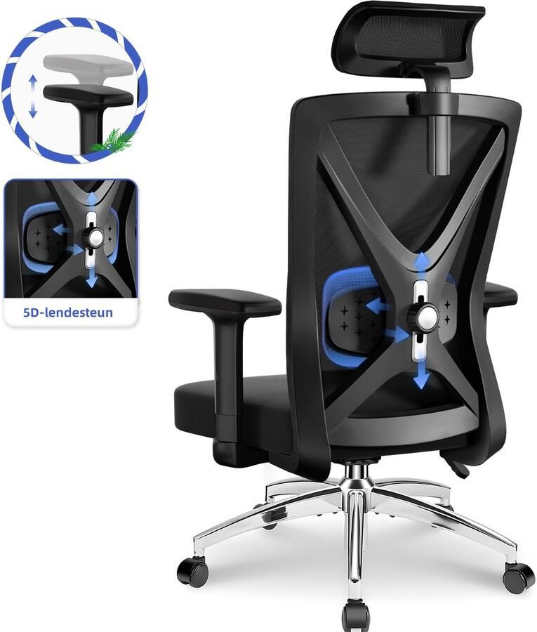 Hiaonyx bureaustoel-Ergonomische Bureaustoel-Bureaustoelen voor Volwassenen-verstelbare armleuningen in hoogte-Rugleuning kantelt 135°-6D lendensteun-metalen vijfster onderstel-150kg-Zwart