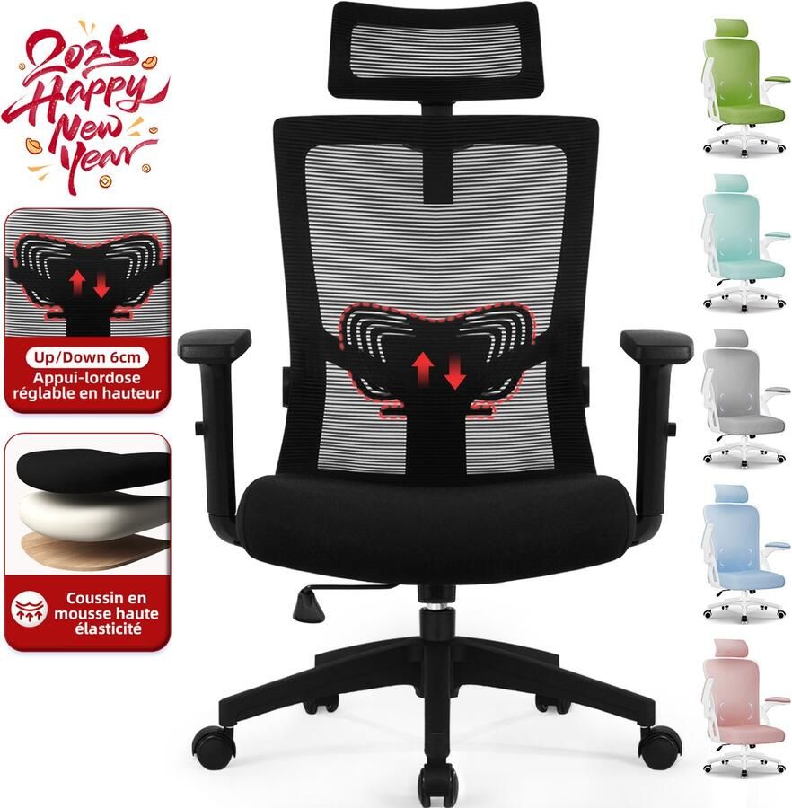 Hiaonyx bureaustoel-Ergonomische Bureaustoel-Bureaustoelen voor Volwassenen-verstelbare armleuningen in hoogte-Rugleuning kantelt 135°-Metalen hoekbasis-150kg-Zwart - Foto 2